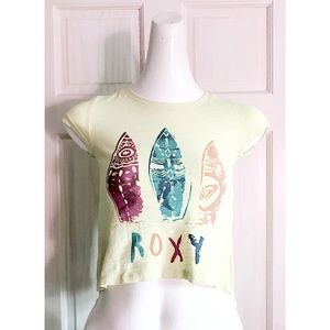 EUC | Roxy Girls Semi Cropped Hi-Low Tee Shirt | Yellow Surfboards | Size 7 XS